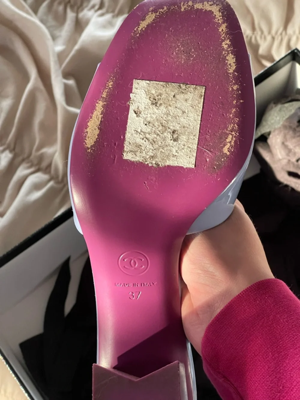 CHANEL Lavender Patent Leather Open-Toe Block Heel Mules - Picture 10 of 10